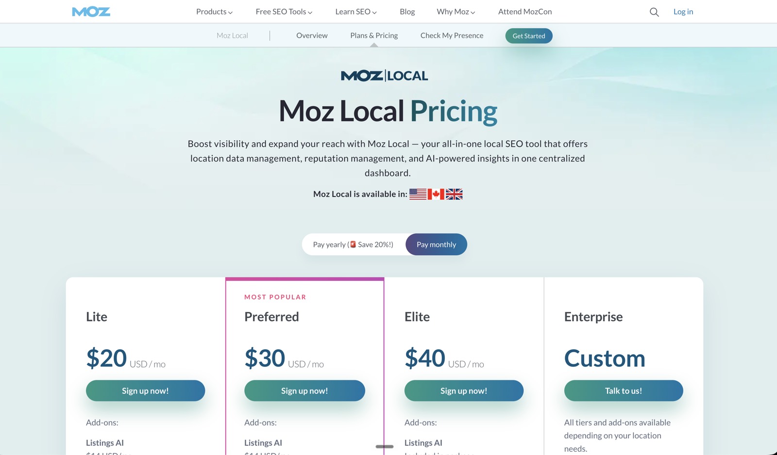 Moz Local pricing in 2026, quickly screenshot