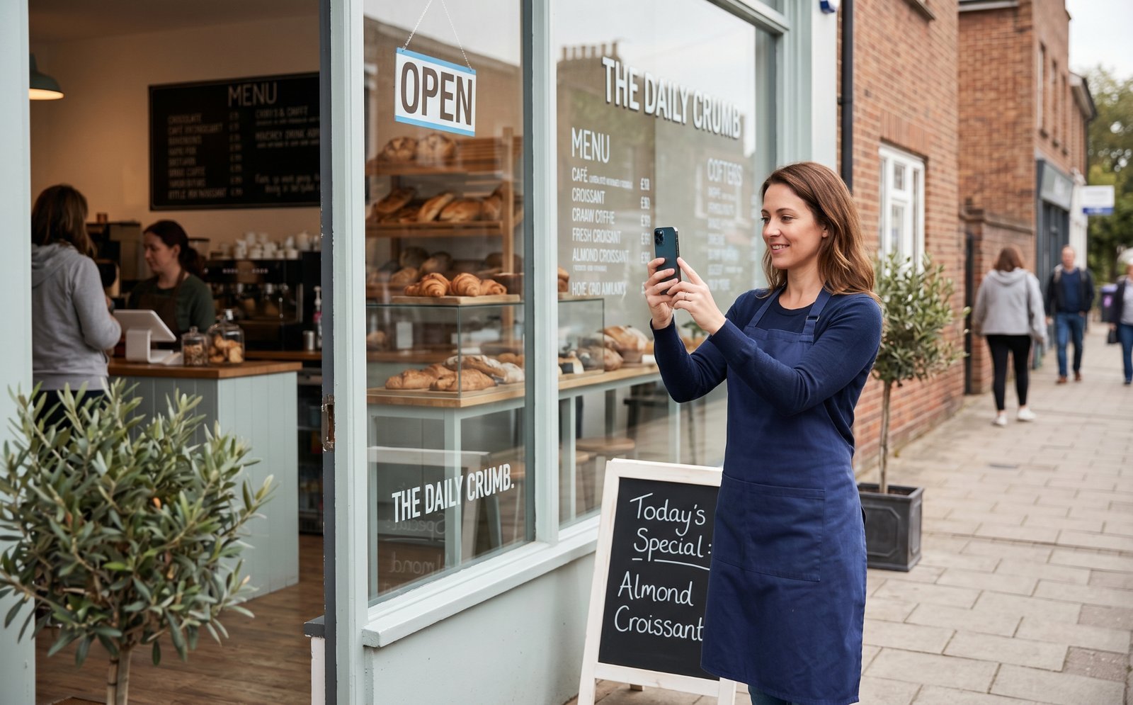 A small business owner taking a phone photo of their storefront.