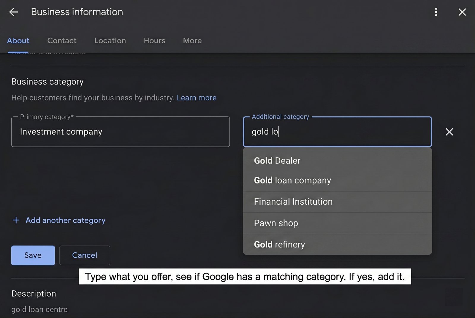 The GBP category picker showing autocomplete suggestions as a user searches for a category.