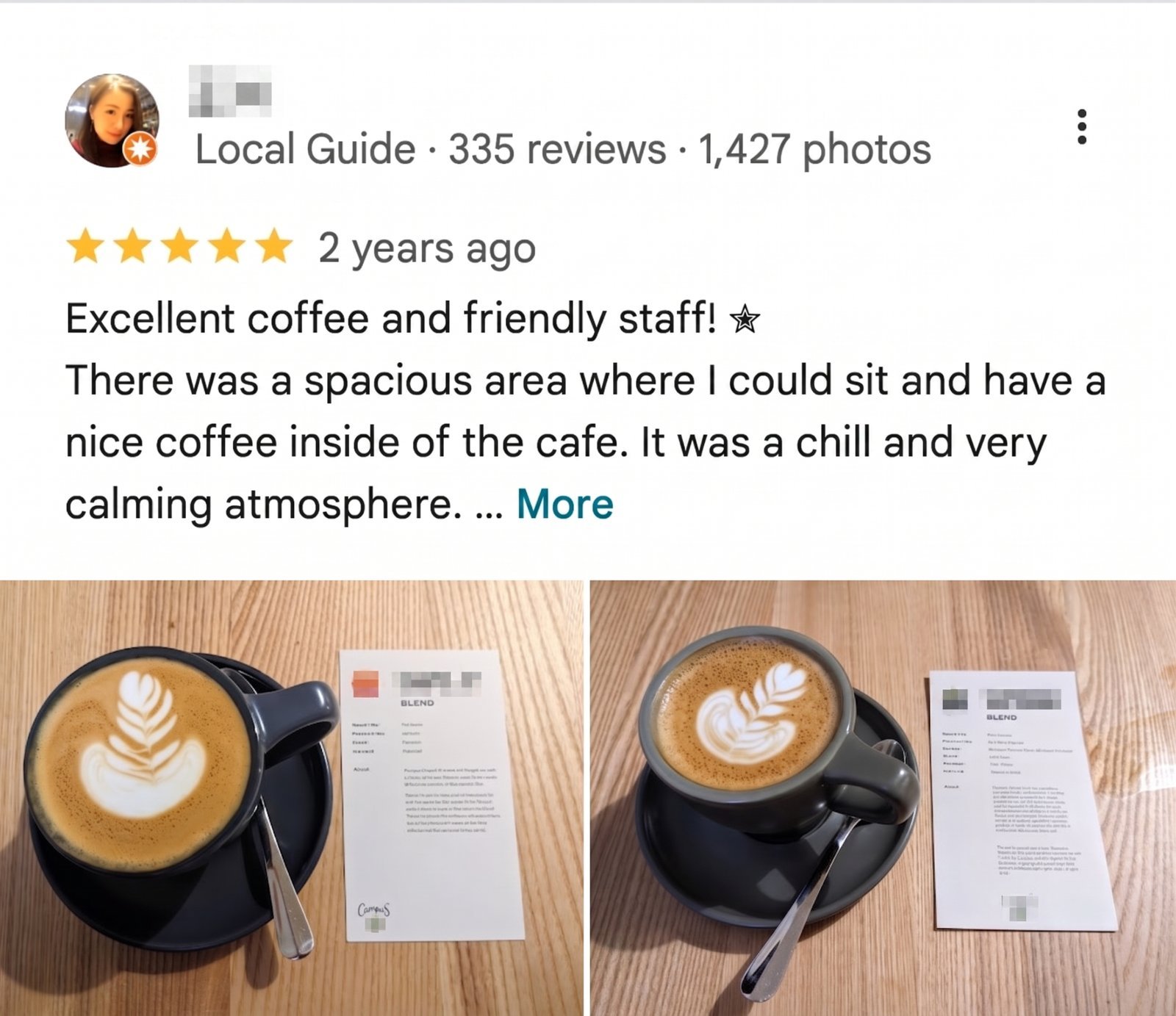 A descriptive Google review mentioning atmosphere and outdoor seating.