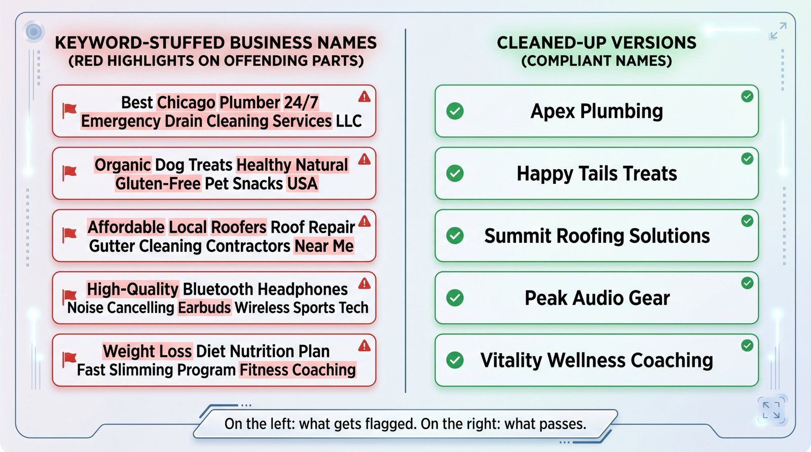 Five examples of keyword-stuffed business names alongside their compliant rewrites