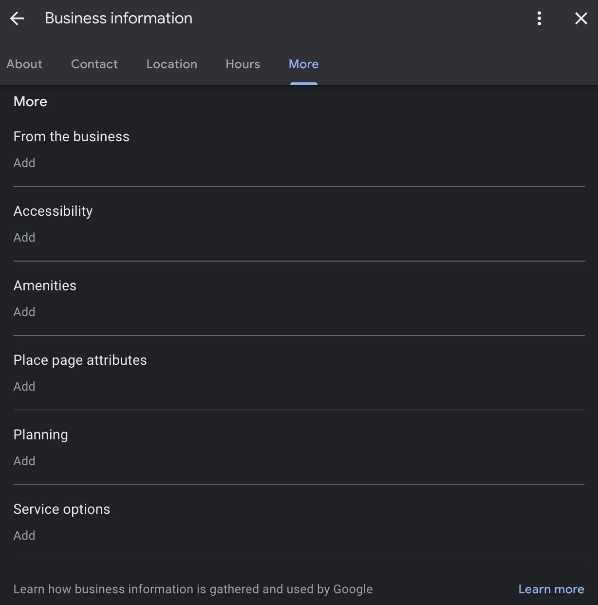 The GBP attributes editor showing the full list of categories businesses can configure.
