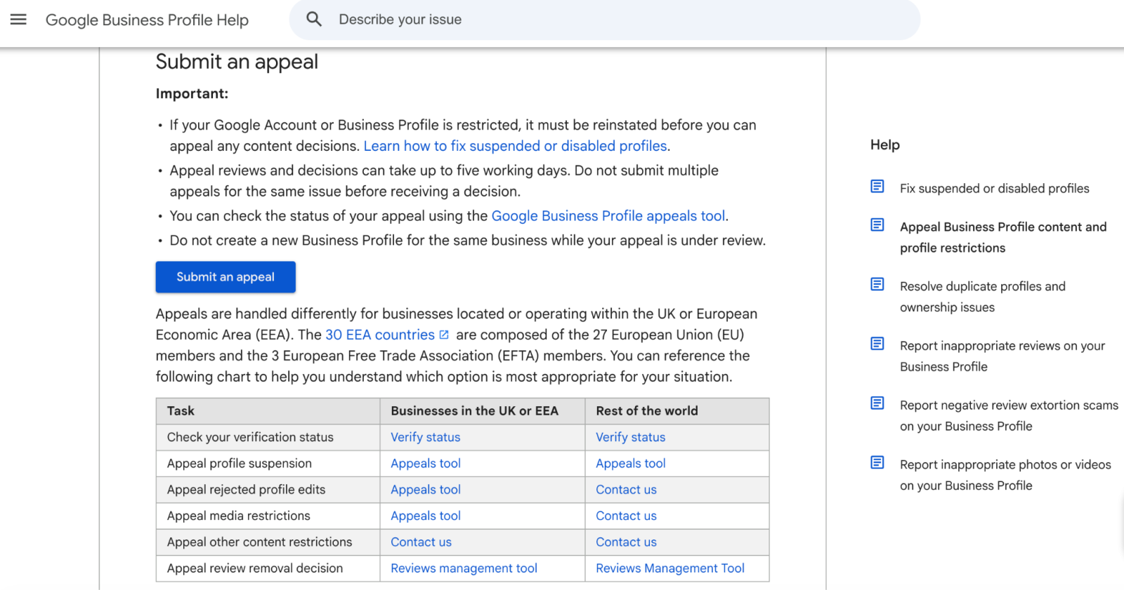 The Google Business Profile appeals tool, the right place to escalate a rejected name edit.