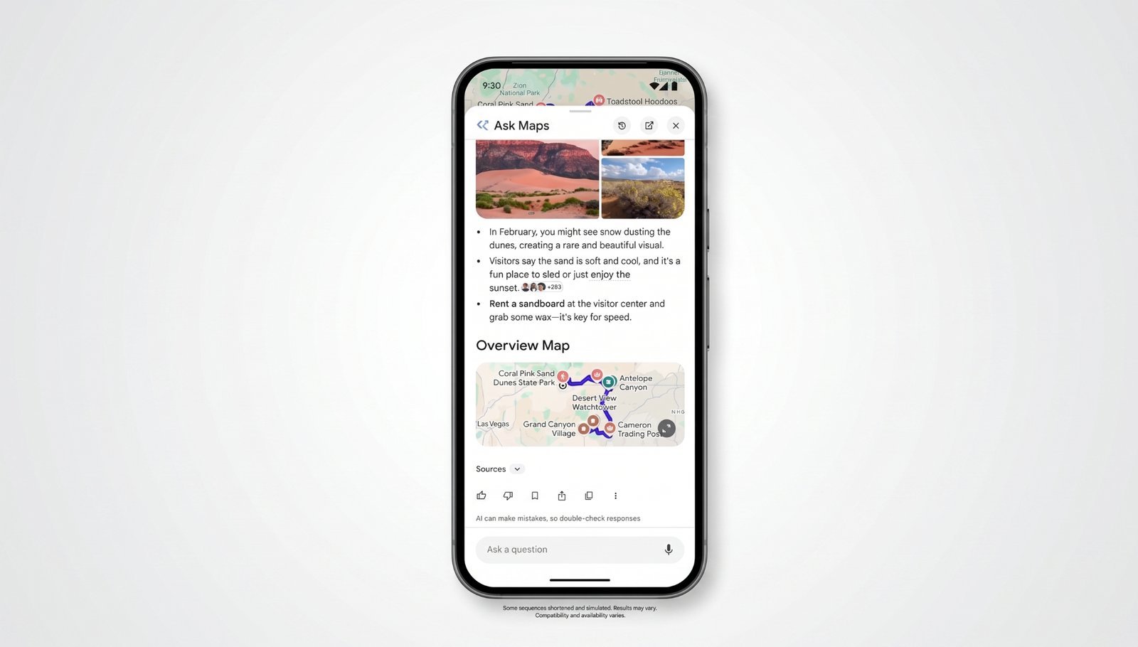 Google Maps showing Ask Maps results for a conversational query.