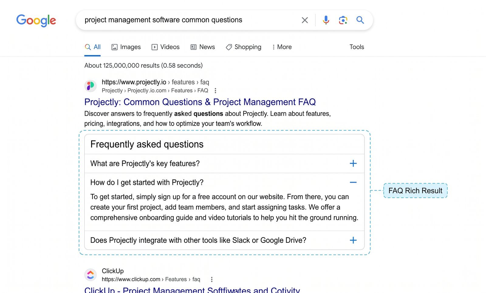 A Google Search result showing an expandable FAQ rich snippet with multiple questions and answers.