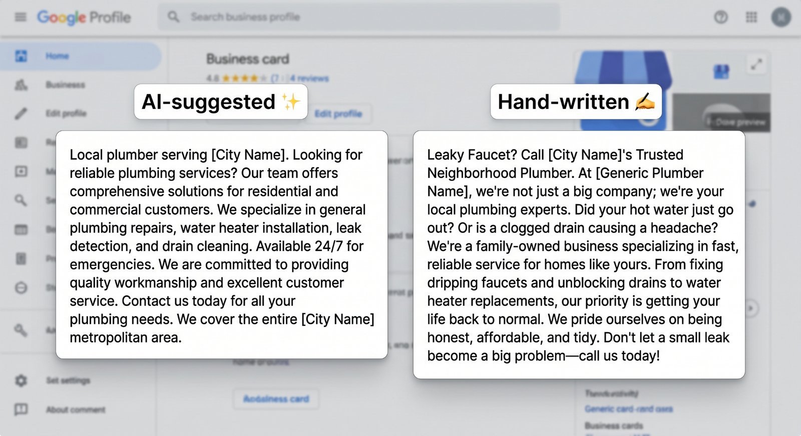 Comparison of Google's AI-suggested business description versus a hand-written one for a local plumber.