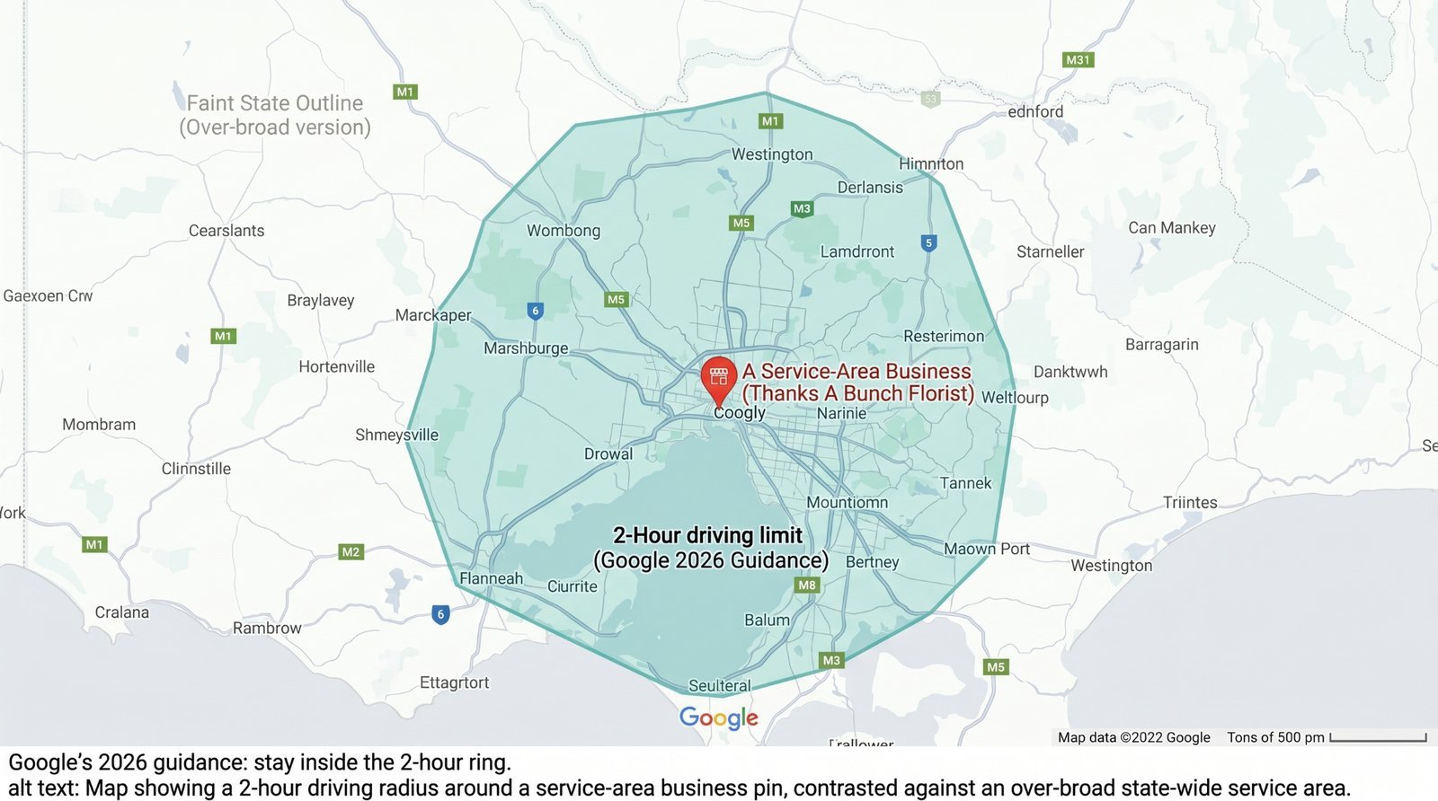 Map showing a 2-hour driving radius around a service-area business pin, contrasted against an over-broad state-wide service area.