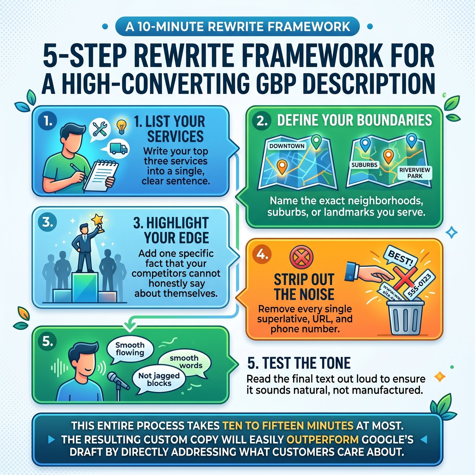 Five-step framework for rewriting a GBP business description.