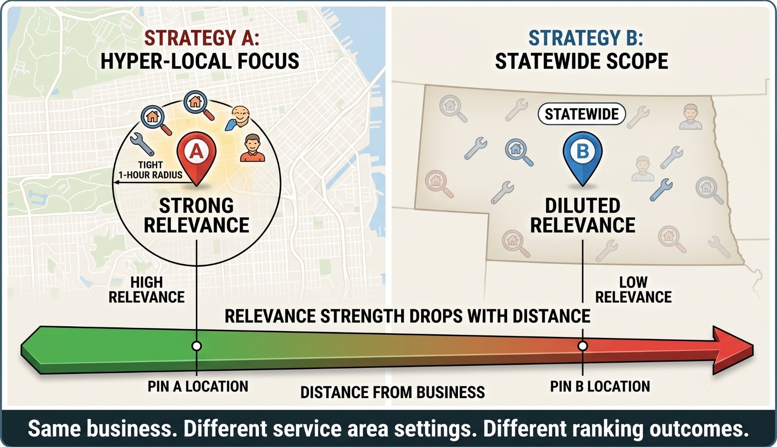 Diagram comparing tight service area with strong relevance versus over-broad service area with diluted relevance.